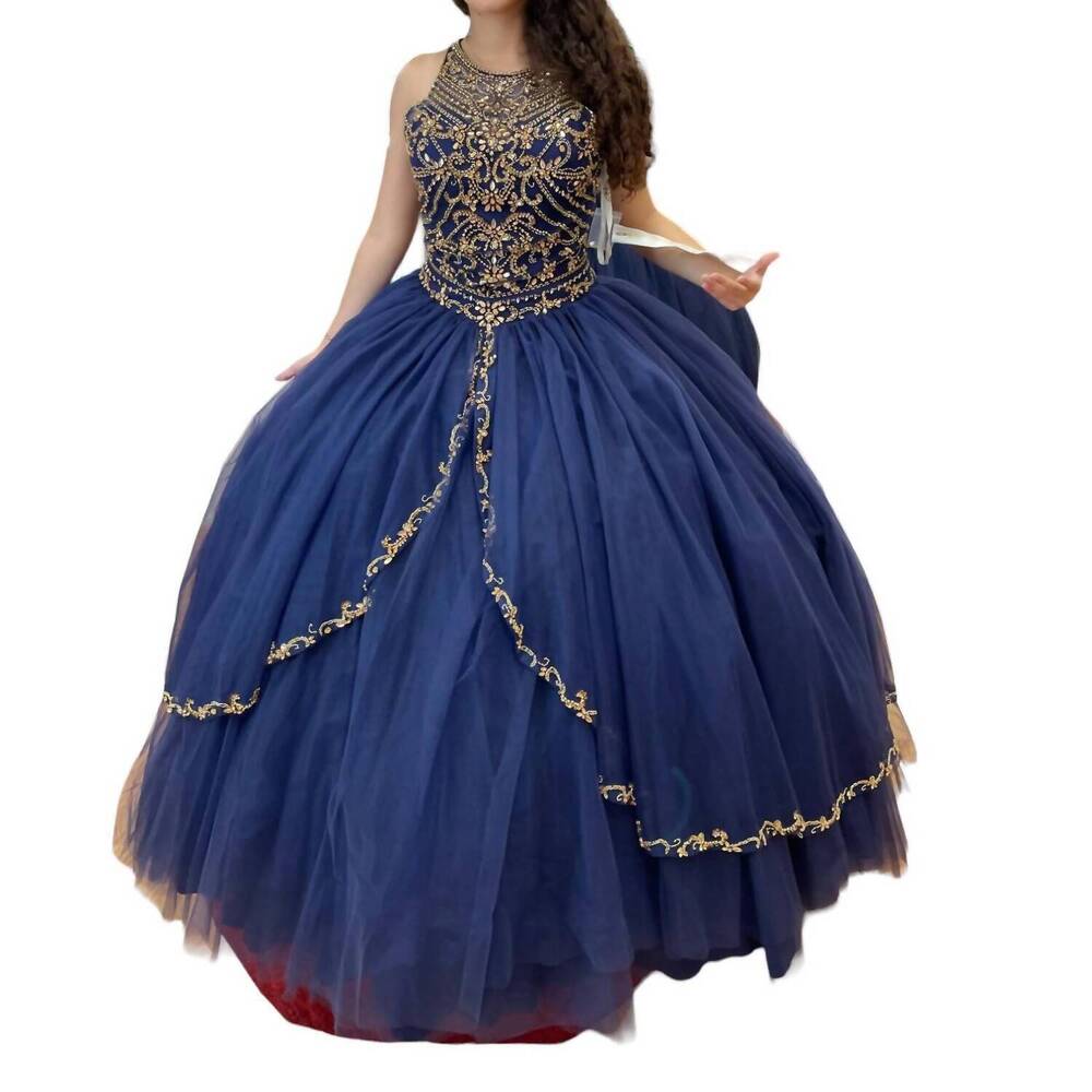 NEW MARY'S BRIDAL sleeveless quinceañera dress in navy/gold
